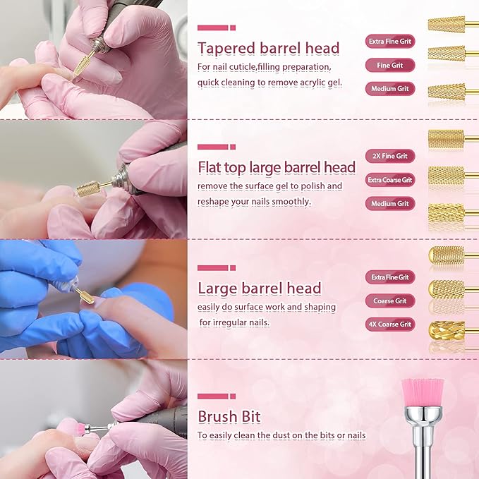 Honoson 10 Pcs Nail Drill Bits Set, 3/32 Inch Tungsten Carbide Bits for Nail Tech, File Remove Acrylic Gel Polish, Manicure Pedicure Tools for Salon Home Supplies(Gold)