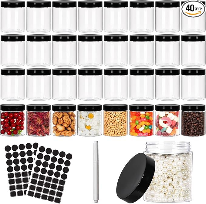 8 oz Clear Plastic Round Jars with Black Lids, 40pcs 8oz 250ml Leak-Proof Wide-Mouth Cosmetic Storage Containers for Slime, Kitchen Use, Beauty Products, Cream, Scrubs, Bath Salt and More