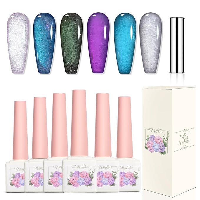 Adhere 6Pcs 12ML Cat Eye Soak Off UV LED Gel Nail Polish Set, Colorful Light Ultrafine Magnetic Powder Blue Purple White Green Silver Cat Eye with Magnet