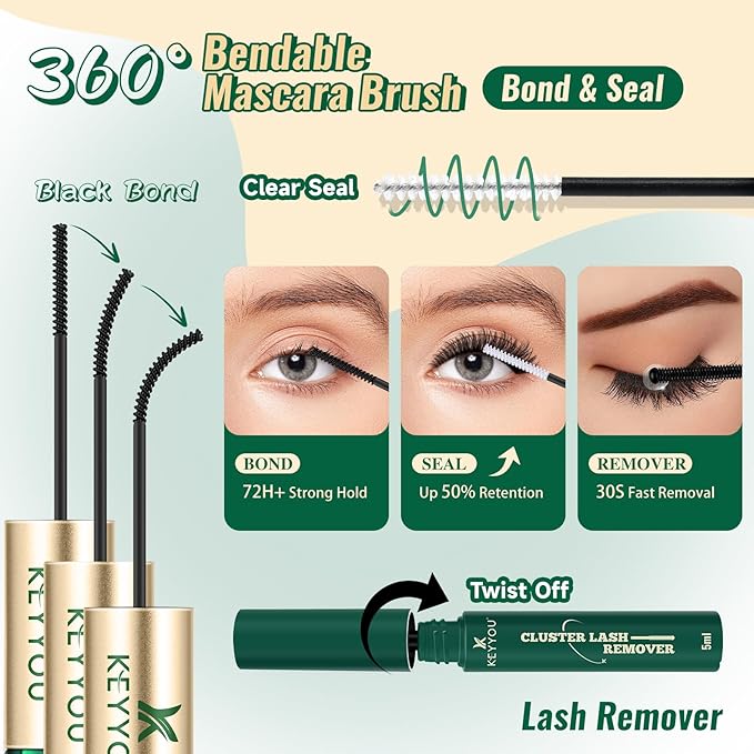 Lash Extension Kit 144pcs Thick Super Soft Lash Clusters,10-18mm D Curl Individual Lashes Kit with Bond and Seal Applicator and Brush Remover Easy to DIY at Home（PC03Kit-D-10-18MIX）