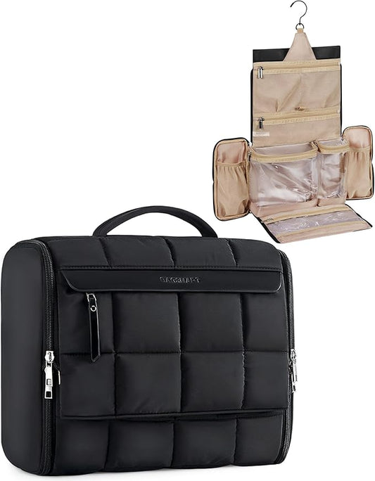 BAGSMART Travel Toiletry Bag, Extra Large Full-open Hanging Toiletry Bag for Women, Puffy Cosmetic Makeup Bag Organizer with Handle for Accessories, Essentials, Toiletries (Black 13''L)