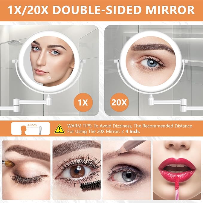 1X/20X Wall Mounted Makeup Mirror with Light, 8" Double-Sided Magnifying Mirror, 3 Color Lights Touch Dimmable Vanity Mirror with 360° Extension Rotation Foldable 14.5 Inch Arm for Bathroom