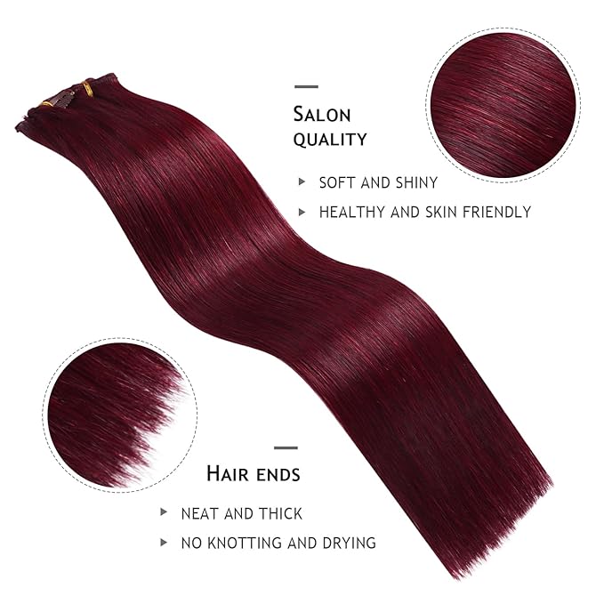 YILITE Hair Extensions Clip in Human Hair 8Pcs 120Gram/Pack Burgundy Silky Remy Human Hair Double Weft Straight Real Hair Extensions Clip ins Thick (18inches #99J Burgundy）