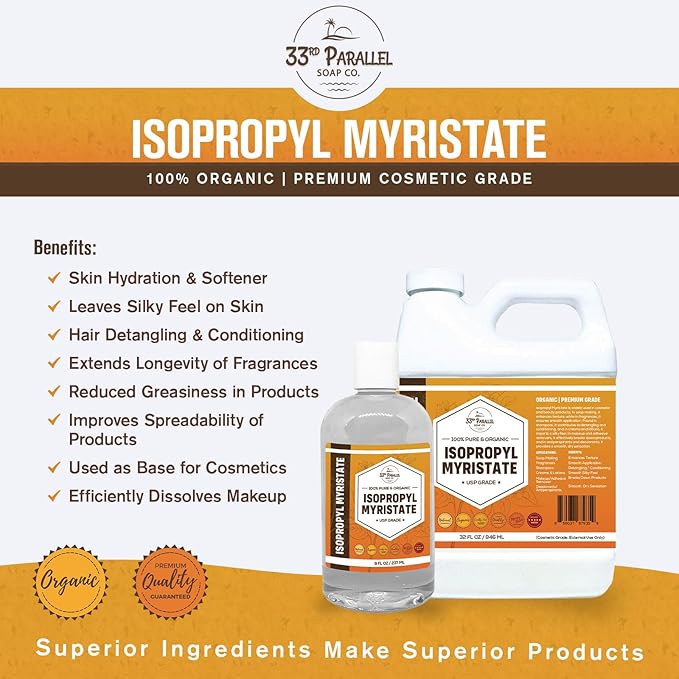 ISOPROPYL Myristate (32 oz) Natural Plant Derived Cosmetic Grade IPM for Soap Making, Fragrances, Shampoo, Creams & Lotion, Makeup & Adhesive Remover, Antiperspirants & Deodorants | 32 Ounces