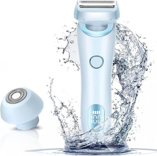 Electric Razors Shaver for Women, 2-in-1 Womens Electric Razor for Leg Arm Face, Cordless Bikini Trimmer Hair Removal for Women with Detachable Head, Painless,IPX7 Waterproof,Wet & Dry,Ocean Blue