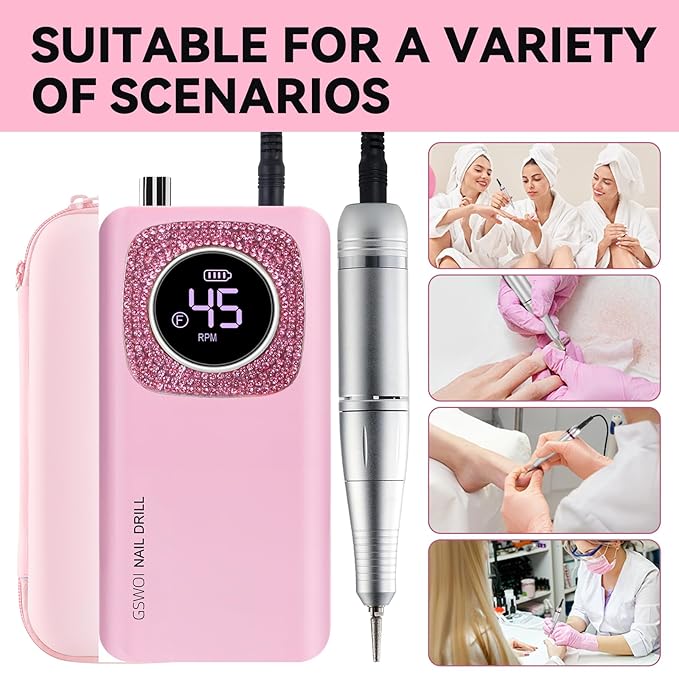 45000RPM Professional Portable Nail Drill Electric File with Pink diamond， Rechargeable Nail E File Machine with Bits & Clean for Acrylic Nails Remove Nail Gel Polish Manicure, Cordless
