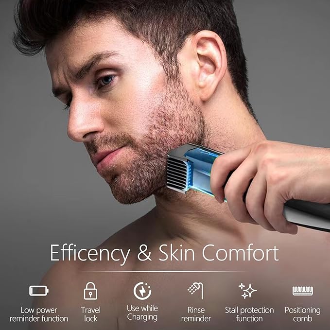 Electric Beard Trimmer for Men, Vacuum Beard Trimmer, 20 Length and Style Settings with Adjustable Length Comb (1-20mm) Mustache Trimmer, Washable, Removable Blades - Blue