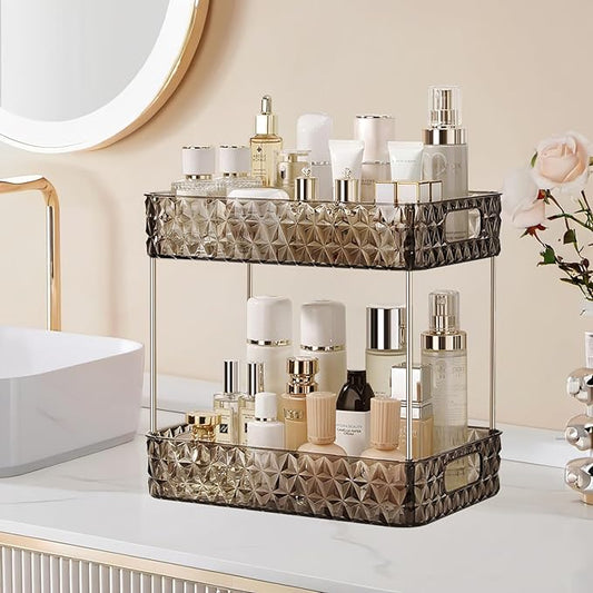 Makeup Organizer for Vanity, High-Capacity Clear Makeup Storage Perfume Organizers,Cosmetic Display Cases,Bathroom Countertop Organizer (Crystal Black, 2Tier)