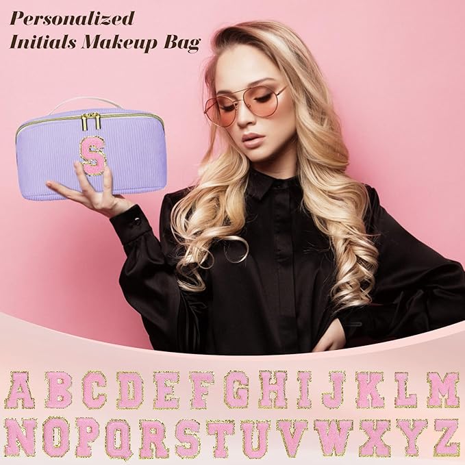 Gifts for Girls, Initial Travel Makeup Bag Women's Day Gift Make up Bag Cosmetic Bags Monther's Day Gifts, Personalized Stuff Bag Cute Makeup Bag Birthday Gifts for Women/Friend/Mother Purple - T