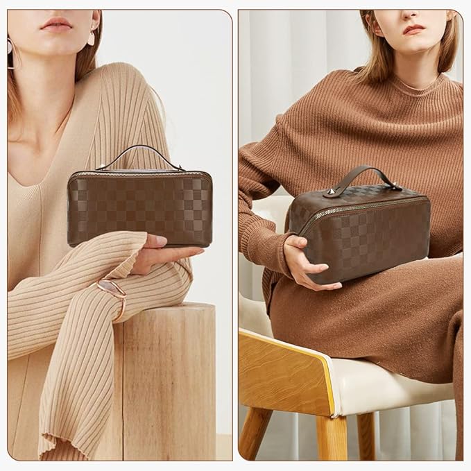 Cessfle Large Capacity Travel Cosmetic Bag Plaid Checkered Makeup Bag Portable Leather Waterproof Skincare Bag with Handle and Divider for Women, 01-Brown