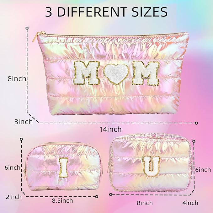 Hiroyuki 3pcs Iridescent Quilted Makeup Bag (ILOVEUMOM, pink)
