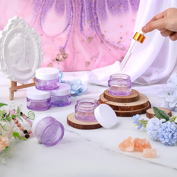 Domensi 60 Pcs 1oz Glass Jars with Lids Bulk Salve Tins Small Glass Candle Cosmetic Jars for Travel with Inner Liners Containers for Lotions Sample Cream(Light Purple, White Lids)