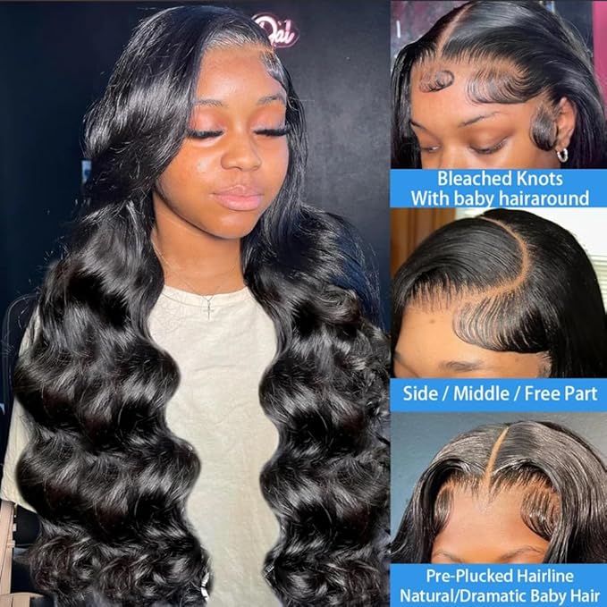 13x6 Body Wave Lace Front Wigs Human Hair Pre Plucked 32 Inch 13x6 HD Transparent Frontal Glueless Wigs Human Hair with Baby Hair for Women 180 Density Human Hair Wig Natural Black