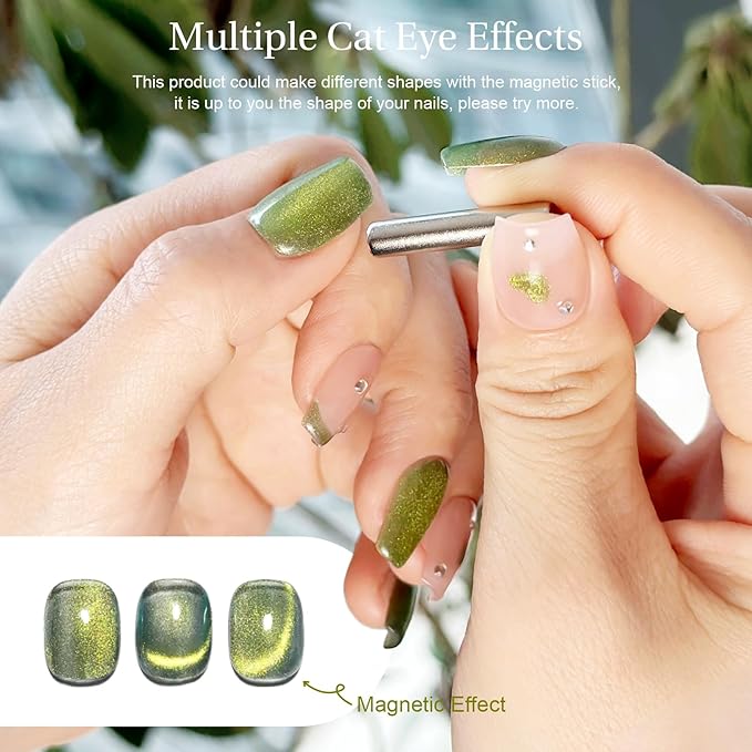 Cat Eye Gel Nail Polish with Magnet Stick, 15ml Glitter Holographic Nail Polish, Magnetic Effect Gel for Home DIY Manicure Gift, Jelly Green