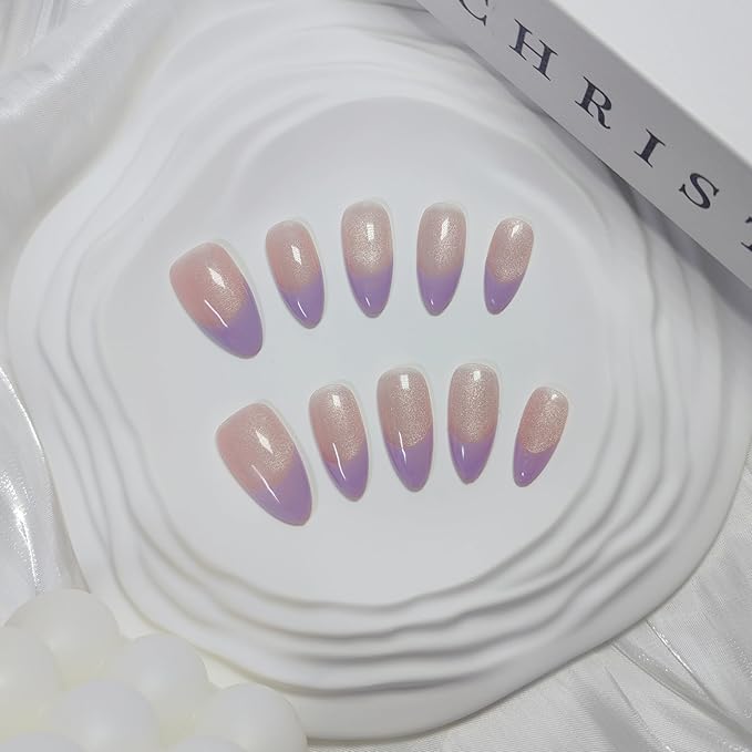 Almond Press on Nails Handmade Medium Long/Stiletto 3D Flower Fake Nail with Designs, Women Reusable False Nails (Light Purple French Tip, S)