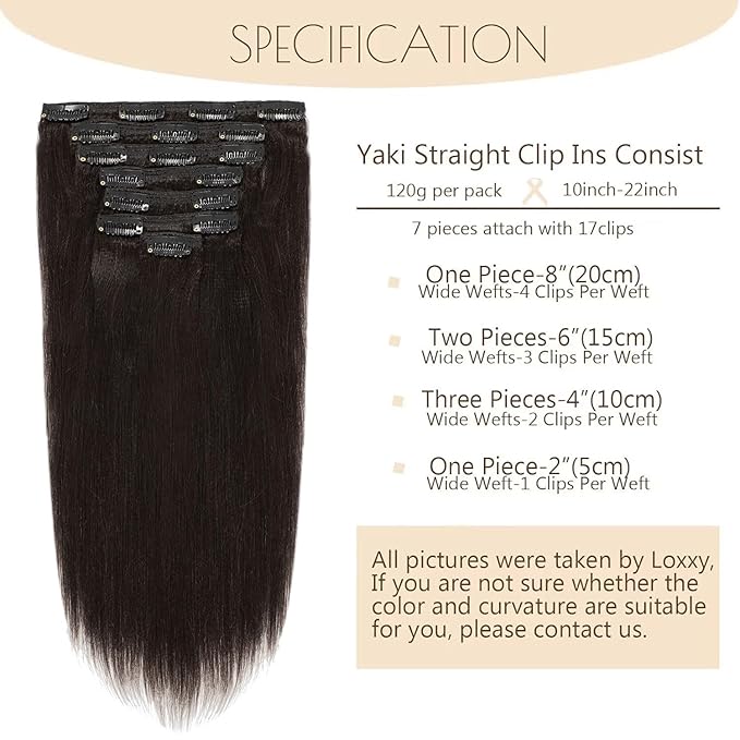 Loxxy Yaki Clip in Hair Extensions Real Human Hair for Black Women 20 inch Real Remy Thick Style Double Weft for African American,YK 7pcs/set 120g/set