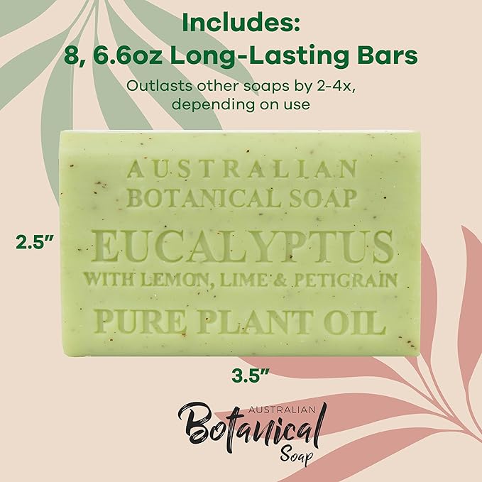 Australian Botanical Soap, 6.6 OZ, Eucalyptus, Lemon, Lime, and Petitgrain, Triple Milled Bars made with a Natural Soap Base and Enriched with Organic Shea Butter, Pack of 8