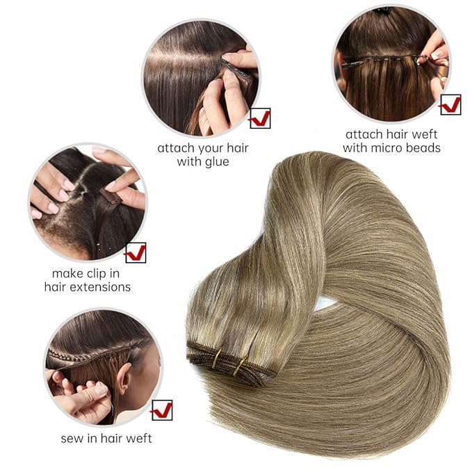 Sew in Hair Extensions Real Human Hair, 18 Inch 100G Weft Hair Extensions Human Hair Ash Blonde Balayage Blonde Highlights Human Hair Hand Tied Weft Hair Extensions Human Hair Weave Bundles for Women