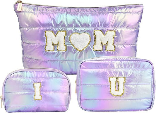 Hiroyuki 3pcs Iridescent Quilted Makeup Bag (ILOVEUMOM, purple)