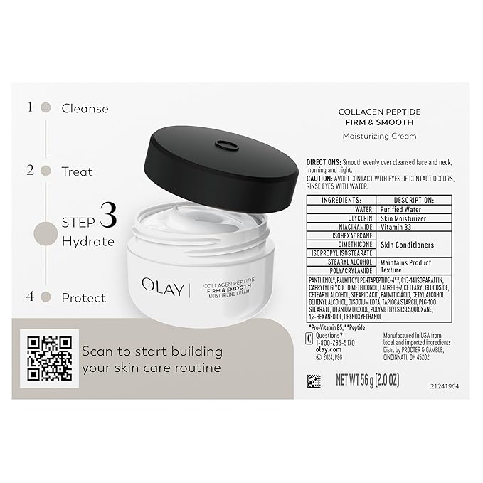 Olay Firm & Smooth Collagen Peptide Face Moisturizer, 2 oz Fragrance Free Firming Face Cream for Hydration and Skin Renewal, Recyclable Eco Jar Packaging