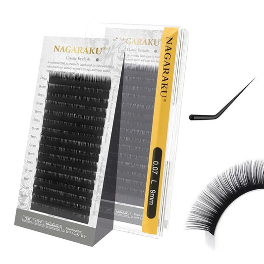 NAGARAKU Eyelash Extensions Individual Lashes Extensions Classic Lash Matte Black 16 Rows Soft Natural Matte Black Professional Beauty Salon Lashes Supplies - 0.07L 9mm