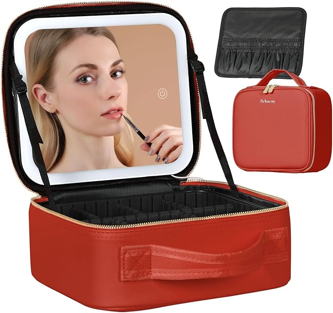 Travel Makeup Bag with LED Lighted Mirror, Cosmetic Makeup Organizer Bag with 3 Color Setting, Makeup Train Case with Adjustable Dividers for Women Makeup Brushes Jewelry Accessories