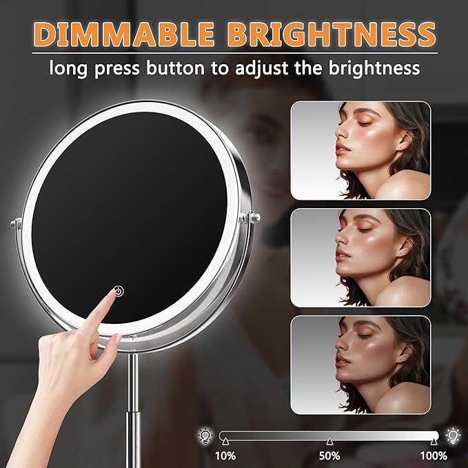 Hasipu 10-inch Lighted Makeup Mirror with Magnification, Rechargeable 3000 mAh Vanity Mirror with Lights, Desk Mirror with Dimmable Brightness, 3 Lighting Modes, Height Adjustment, 360° Rotation