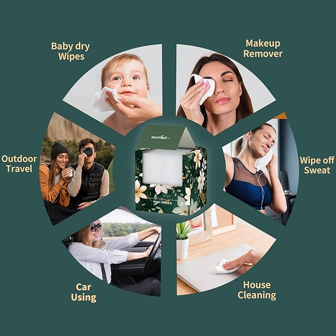 Ourmed Life Disposable Face Towels, Clean Facial Wash Cloth without Lint, Biodegradable Cleansing Dry Wipes, Skincare and Makeup Remover Towels for Sensitive Skin (Unscented, 120 Count, Pack of 1)