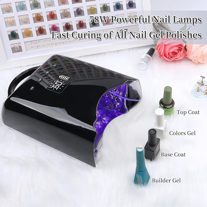 Professional UV LED Nail Lamp, Cordless Rechargeable UV Light for Gel Nails, 78W Fast Curing Gel Nail Light with 4 Timer Setting LCD Display, Auto Sensor and Spacious Interior(Black)