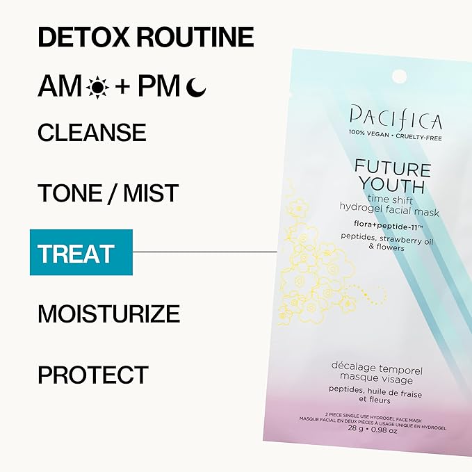 Pacifica Future Youth Time Shift Hydrogel Facial Mask, Multi-Peptide Anti-Aging Sheet Mask for Firming & Plumping, Ultra-Hydrating Serum-Infused Mask for Face & Neck, 100% Vegan