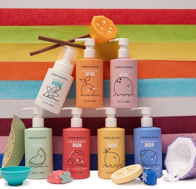 Dabble & Dollop Rainbow of Bubbles, Natural Bath, Body Wash, Shampoo & Conditioner for Kids, USA-Made, Paraben & Sulfate Free, Vegan, Gluten-Free, Tear-Free, (Set of 7)
