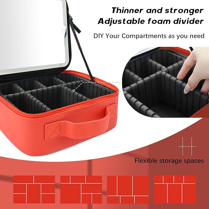 Travel Makeup Bag with LED Lighted Mirror,Cosmetics Organizer, Makeup Bag with 3 Color Lighted Setting, Portable Storage and Adjustable Dividers Travel Makeup Bag(red)