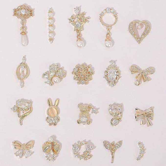 HNUIX Nail Charms and Gems - Gold Copper Zircon, Multiple Shapes 3D Dangle, Metal Jewelry Rhinestones for Nails (20pieces C Set)