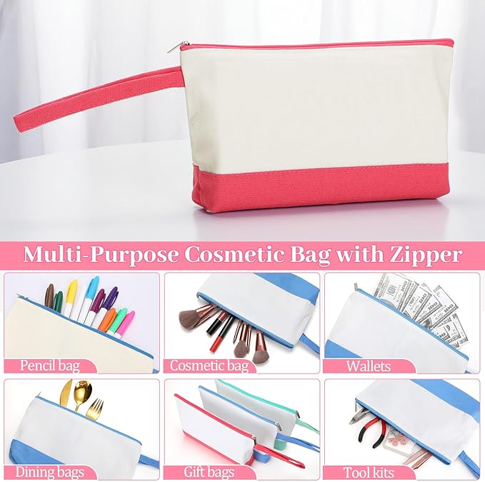 Silkfly 15 Pcs Cotton Canvas Makeup Bags Canvas Cosmetic Bag 10.2 x 5.5 x 2 Inches Two Tone Makeup Bags Bulk with Zipper Blank DIY Pouch with Bottom Travel Toiletry Pouch for Women (Cute)