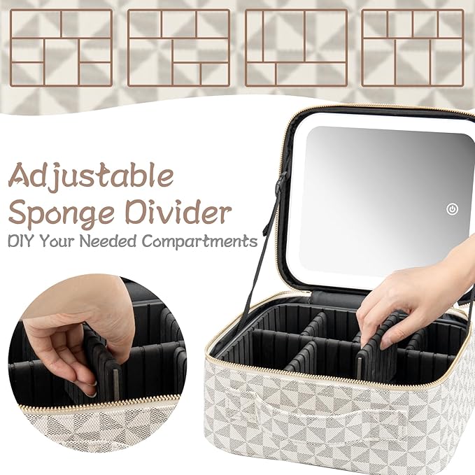 Makeup Travel Train Case with Mirror LED Light 3 Adjustable Brightness Cosmetic Bag Portable Storage Adjustable Partition Waterproof Makeup Brushes Makeup Jewelry Gift for Women