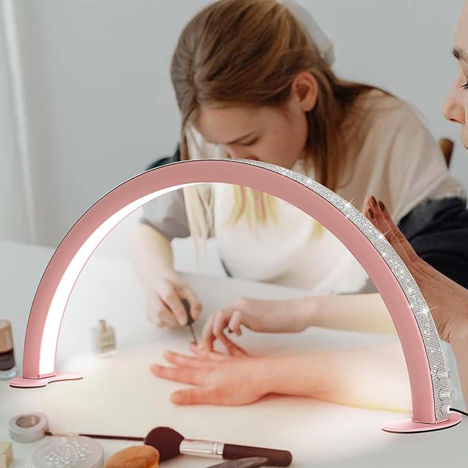 Lash Light, Half Moon Light for Lash Extensions, Beauty, Skincare, Eyebrows, Tattoo, Nail Tech Lamp with Stepless Dimming and Color Temperature (with Rhinestones, Pink)