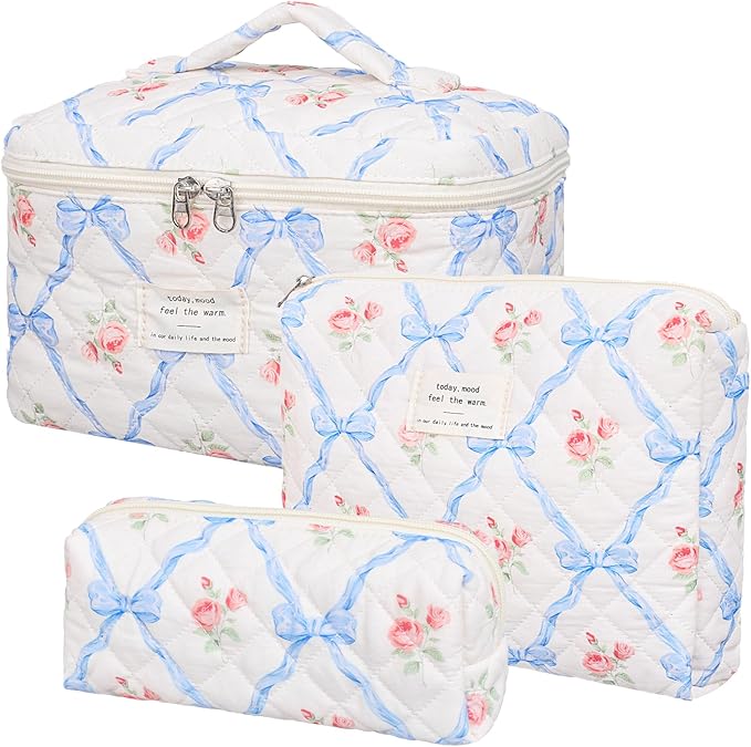 Quilted Makeup Bag,Large Cosmetics Bag Set,Cotton Coquette Floral Make up Pouch,Travel Toiletry Bag for Women