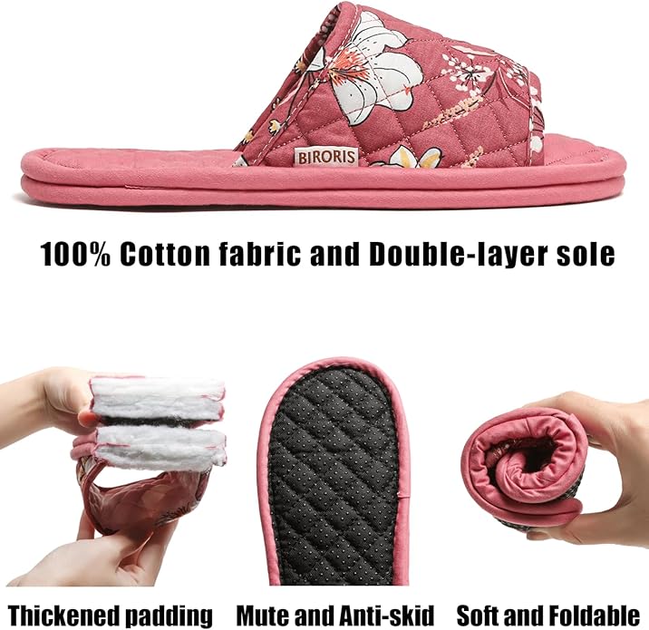 3 Pairs Floral Cotton House Slippers for Women, Open Toe Indoor Slippers Comfortable Washable Portable Foldable Guest Travel Hotel Airplane Spa Slippers