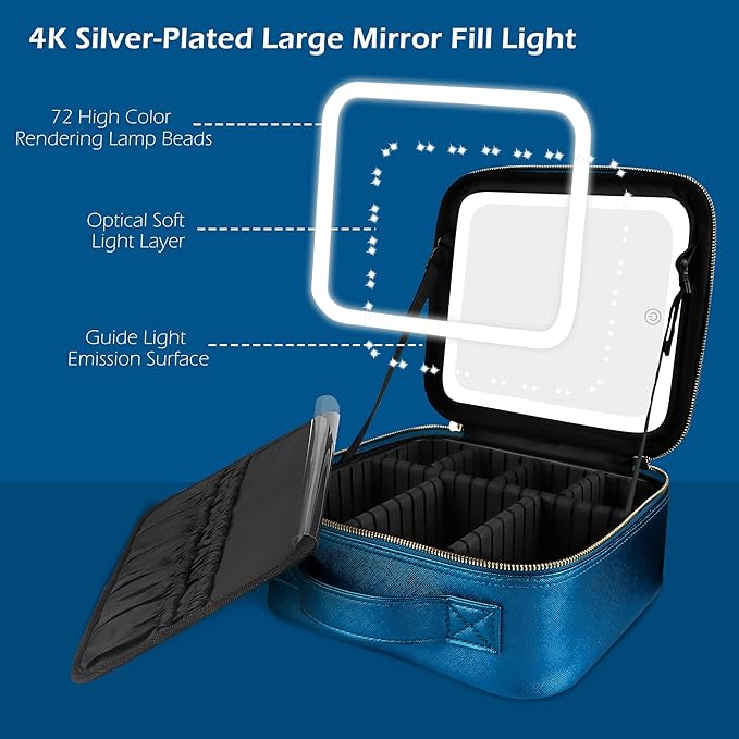 MOMIRA Travel Makeup Bag Cosmetic Bag Makeup Organizer Bag with Lighted Mirror, Adjustable Brightness in 3 Color Scenarios, Waterproof Makeup Train Case, Gift for Women - Phantom Blue