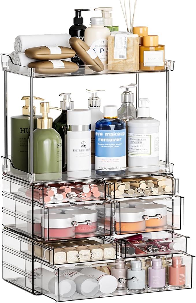 3 Pack Bathroom Organizers and Storage Countertop With 7 Drawers,Stackable Vanity Top Organizer,18.9" Tall Large Capacity Skin Care Organizer and Exquisite Makeup Storage for Beauty Products,Clear