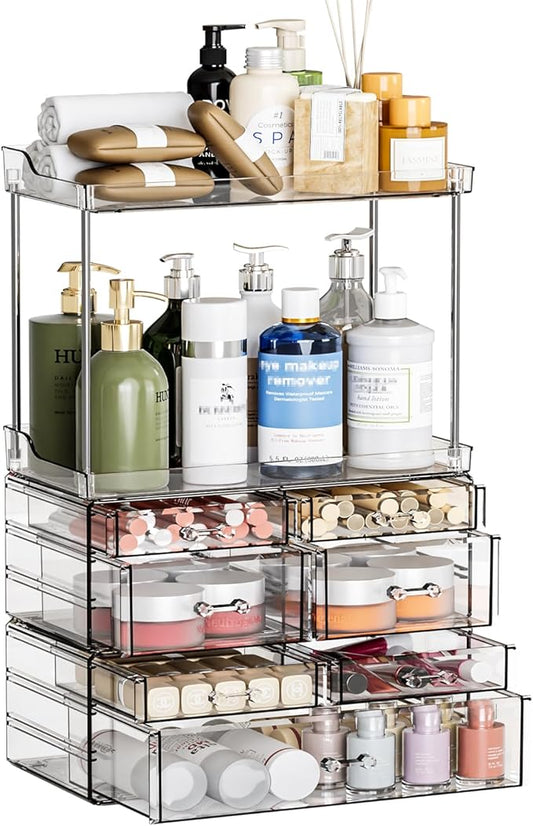 3 Pack Bathroom Organizers and Storage Countertop With 7 Drawers,Stackable Vanity Top Organizer,18.9" Tall Large Capacity Skin Care Organizer and Exquisite Makeup Storage for Beauty Products,Clear