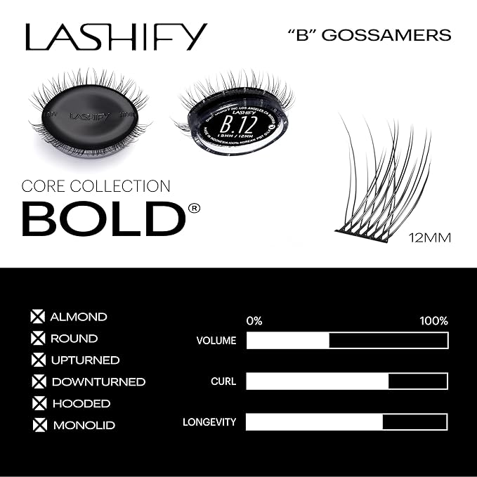 Lashify Bold 12mm Gossamer DIY Eyelash Extensions Refill, Black, Easy False Eyelashes for a Natural Look