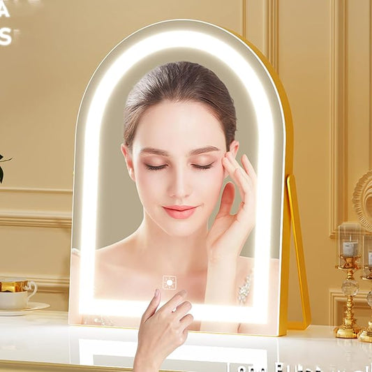 Elegant LED Vanity Mirror with 3-Color Adjustable Lights, Arched Makeup Mirror 360° Rotating Stand & Touch Control - Perfect Makeup Gift for Women Gold