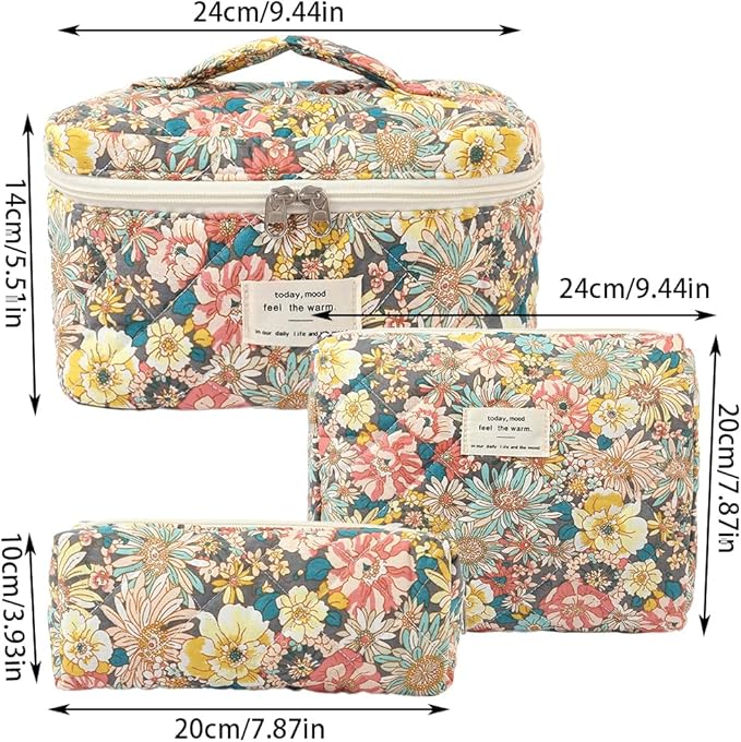 Makeup Bag, 3 PCS Quilted Makeup Bag, Cute Floral Cotton Cosmetic Bag set, Coquette Makeup Pouch Large Travel Toiletry Bag