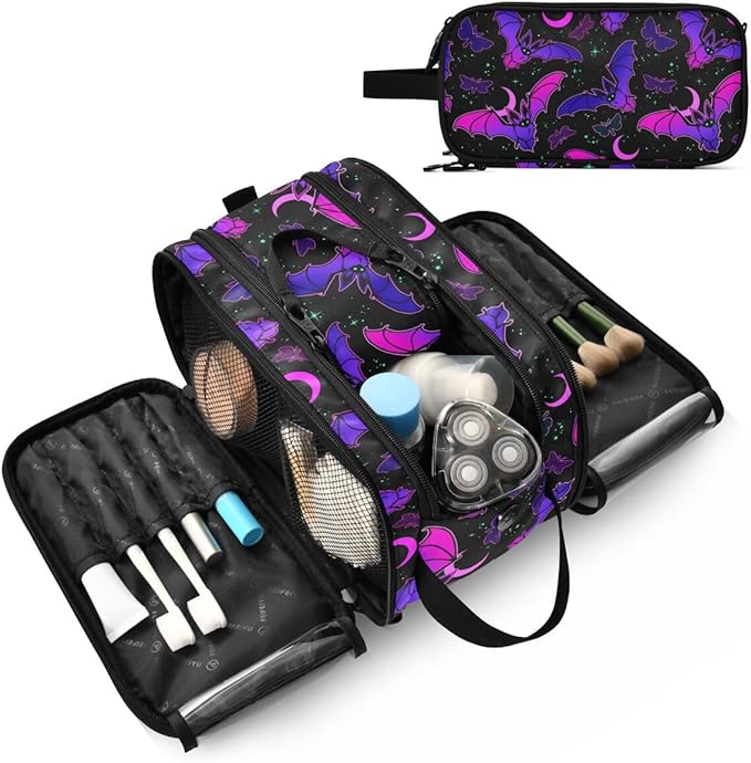 MNSRUU Travel Makeup Bag, Purple Bat Gothic Makeup Bag Large Capacity Cosmetic Bag Organizer, Portable Toiletry Bag for Travel Size