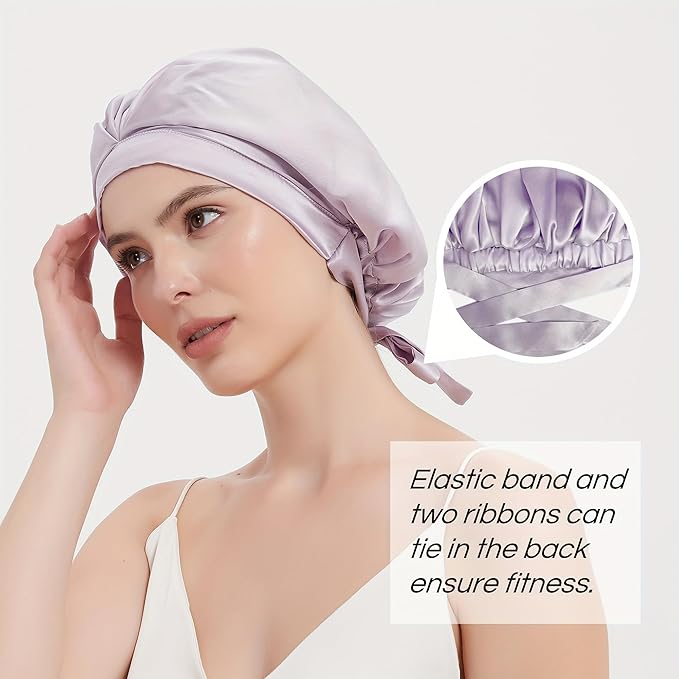 RachelSilk 100% Mulberry Silk Sleep Cap, Grade 6A 19 Momme Silk for Women Hair Care, Silk Night Bonnet with Elastic Stay On Head, Silk Cap after Shower, for Small -Medium Head Size (Lavender)