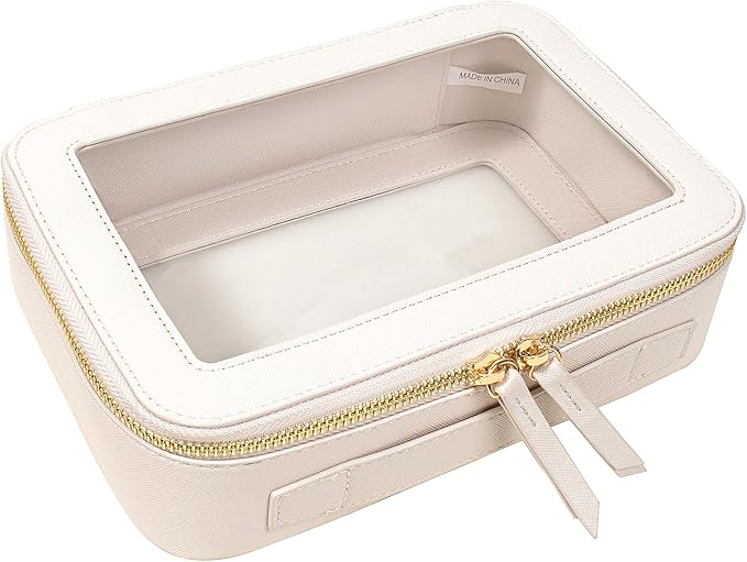 Clear Makeup Bags TSA Approved Toiletry Bag Handle Large Opening,Clear Toiletry Bags for Carry-on Traveling Travel Car Accessories Essentials Organziation Storage for Women Girls(Off White, Middle)