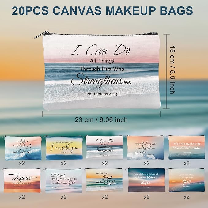 20PCS Christian Inspirational Cosmetic Bags for Women Religious Makeup Bags Bulk Christian Gifts for Women Bible Verse Canvas Zipper Pouch for Mother's Day Sister Employee Gifts(Scenery)