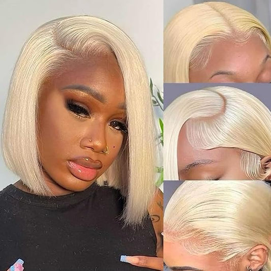 613 Blonde Short Bob Wig Human Hair 13x4 HD Transparent Lace Front Wigs Human Hair Pre Plucked with Baby Hair Glueless Wigs Human Hair 180% Density Straight 613 Bob Wigs for Women 8 Inch