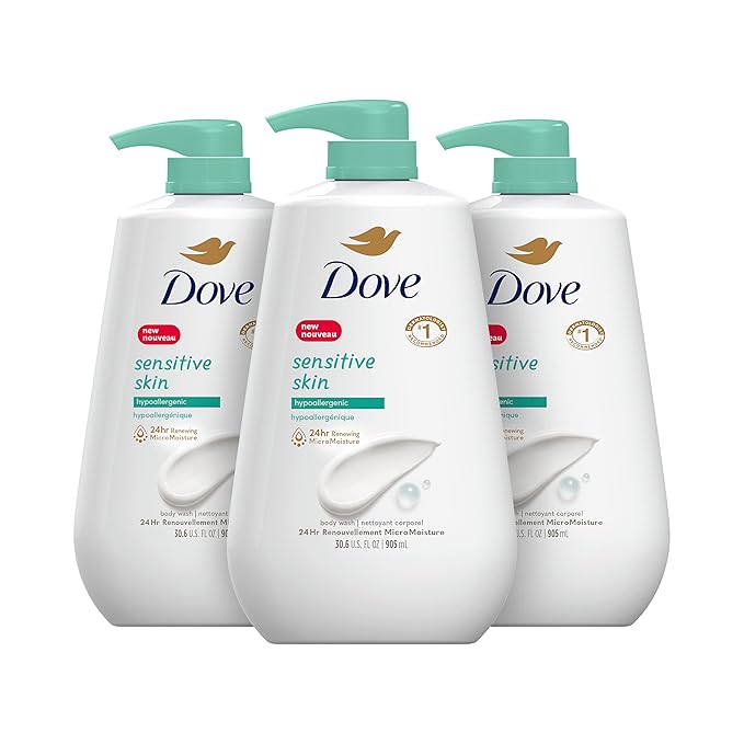 Dove Body Wash With Pump Sensitive Skin 3 Count Hypoallergenic, Paraben-Free, Sulfate-Free, Cruelty-Free, Moisturizing Skin Cleanser Effectively Washes Away Bacteria While Nourishing Skin 30.6 oz